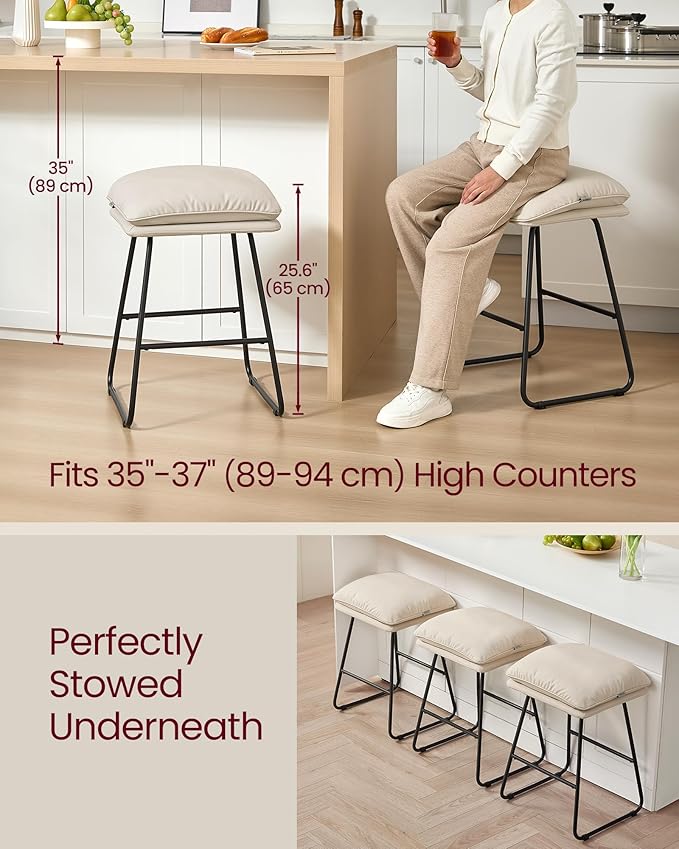 VASAGLE Bar Stools Set of 2, Counter Height Bar Stools, Leather Counter Stools Barstools with Soft Cushion and Metal Sled Legs, 25.6 Inches Bar Height Bar Chairs for Kitchen Island, Cappuccino Beige