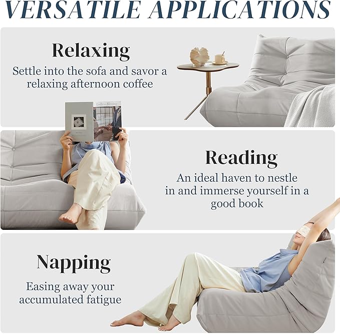 Bean Bag Chair, Loveseat Fireside Chair Bean Bag Sofa for Adults, 2 Seater Bean Bag Chairs for Teens with High-Resilience Foam, Memory Foam Bean Bag for Living Room, Bedroom, Office (Suede,Light Gray)