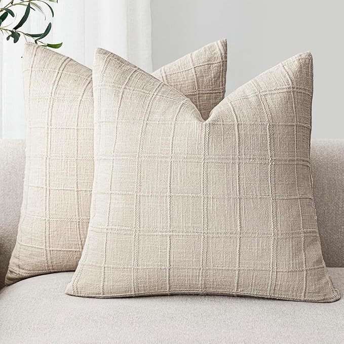 Foindtower Set of 2 Decorative Linen Check Throw Pillow Covers Neutral Farmhouse Vintage Cushion Covers Modern Boho Home Decor For Sofa Chair Couch Bedroom Living Room Outdoor,24×24 Inch,Natural Beige