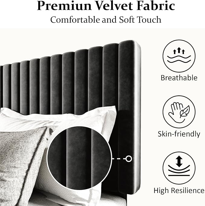 King Size Bed Frame with Velvet Upholstered Headboard, Platform Bed with Strong Wood Slats, Mattress Foundation, Box Spring Optional, Easy Assembly, Black