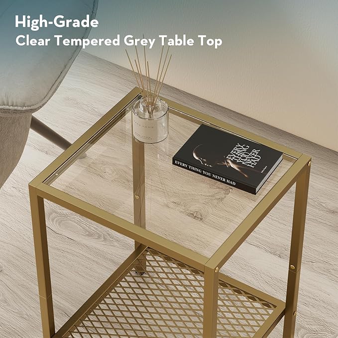 SAYGOER Glass Side Table Small Gold End Table for Narrow Space 2-Tier Square Nightstand with Storage,13.3" x 11.8" x 19.7",Modern Bed Side Table with Metal Frame for Bedroom Living Room, Easy Assembly