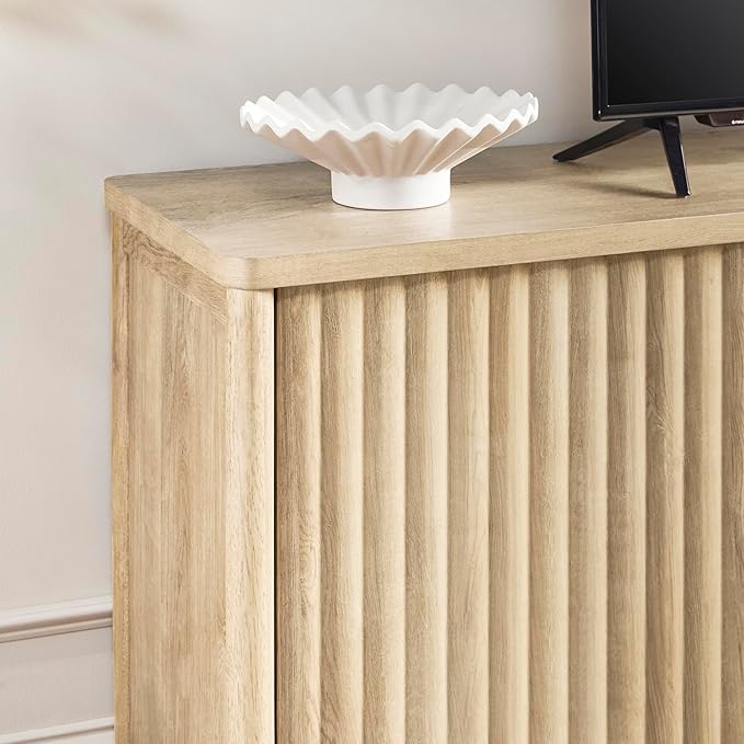 Walker Edison Scandinavian Reeded TV Stand with Open Storage for up to 80" TV Coastal Oak