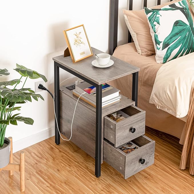 HOOBRO Set of 2 End Tables with Charging Station, Narrow Side Table with Drawers & USB Ports & Power Outlets, Nightstand for Small Spaces, Living Room, Stable, Greige and Black BG541BZP201
