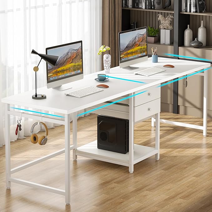 Tribesigns 79 Inch Extra Long Desk, Double Desk with 2 Drawers, Two Person Desk Long Computer Desk with Storage Shelves, Writing Table Study Desk for Home Office, White