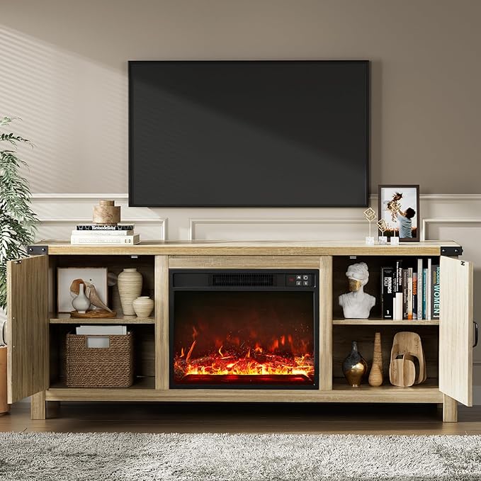 YESHOMY Fireplace TV Stand with Two Barn Doors and Storage Cabinets for Televisions up to 65+ Inch, Entertainment Center Console Table, Media Furniture for Living Room, 58 Inch, Natural Oak