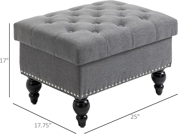 HOMCOM Ottoman with Storage for Living Room, 25" Storage Ottoman with Removable Lid, Button-Tufted Fabric Bench for Footrest and Seat with Wood Legs, Gray