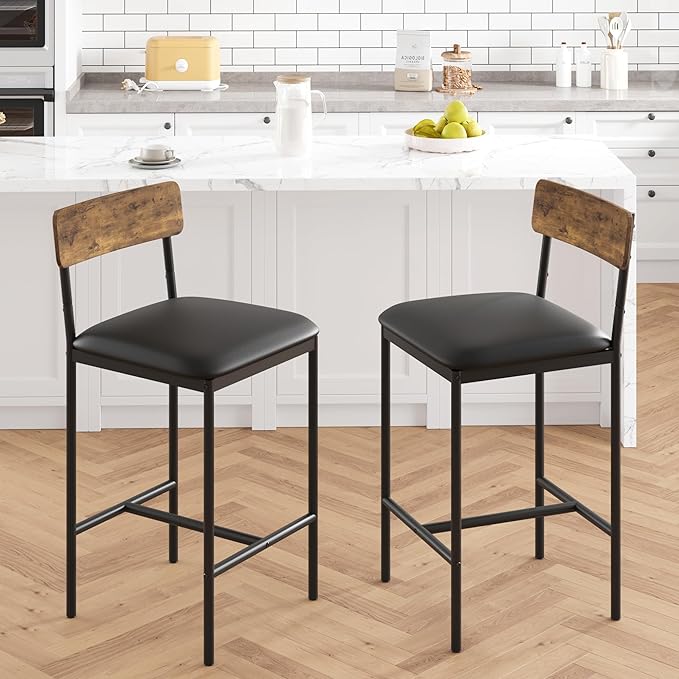 GarveeHome Bar Stools Set of 2, Upholstered Height Bar Stools with Backrest and Footrest, Kitchen Barstools for Island,Counter Bar, Easy Assembly, Rustic Brown
