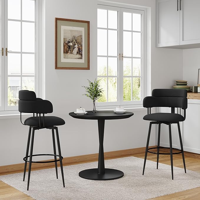 Swivel Bar Stools Set of 2, Counter Height Bar Stools with Ergonomic Full Back, Upholstered Linen Fabric Barstools with Chrome Metal Footrest for Kitchen Island, Dining Room