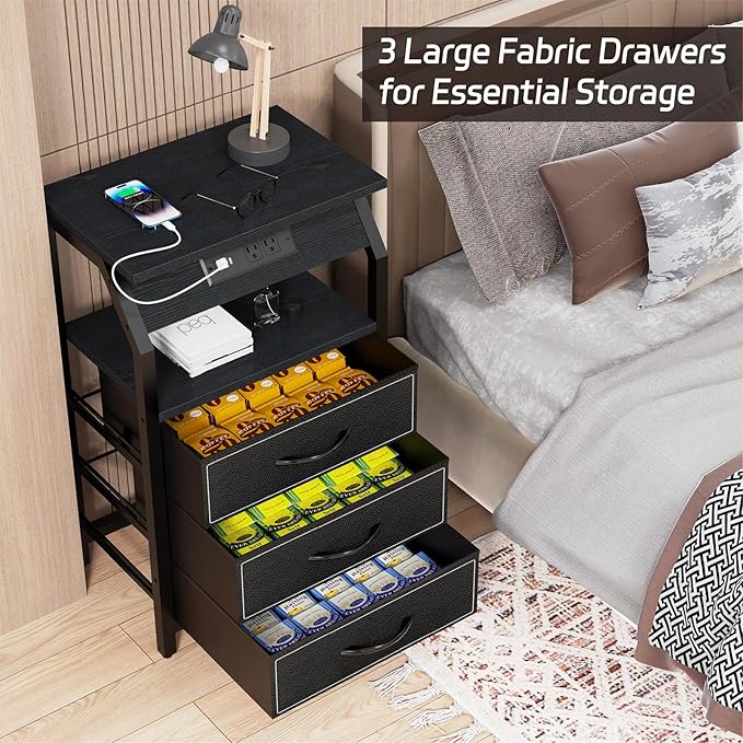 End Table with 3 Drawers, Nightstand with Charging Station and LED Lights, Small Fabric Dresser for Bedside, Storage Side Table for Living Room Dorm, Black