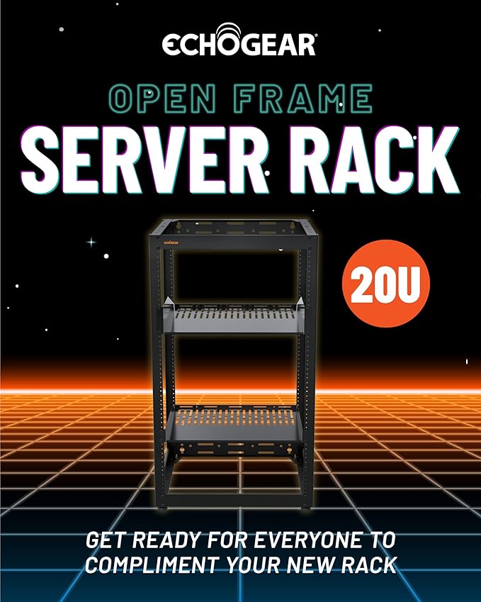 ECHOGEAR 20U Open Frame Rack for Servers & AV Gear - Wall Mountable Design Includes 2X Vented Shelves, 25x Rack Mounting Screws, 4X Leveling Feet, 4X Shelf Stops, & 2X Securement Straps