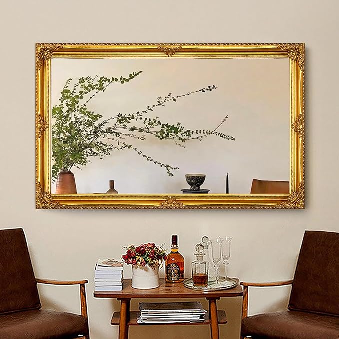35" x 23" Large Antique Mirror, Gold Vintage Wall Mirror with Baroque Wood Frame for Elegant Victorian Living Room, Ornate Entryway Over Console