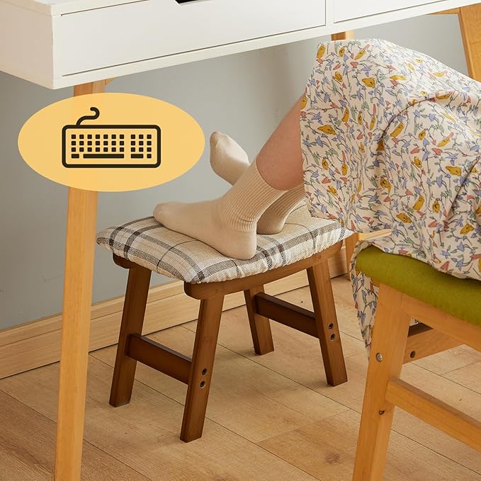 Foot Stool Ottoman Foot Rest Under Desk,Small Stool for Living Room, Bedroom and Kitchen (Brown Legs - Stripes Stool Surface)
