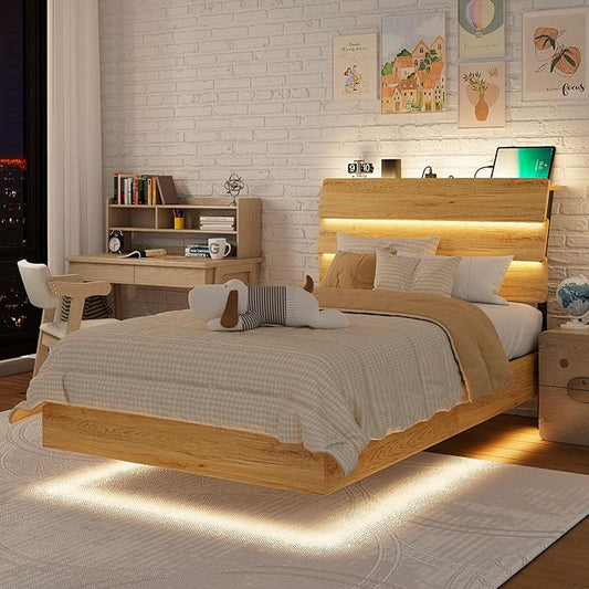 Feonase Floating Bed Frame Twin with Led Lights and Charging Station, Wood Full Size Bed Frame with Storage Headboard, Heavy Duty Metal Slats, No Box Spring Needed, Easy Assembly,Oak