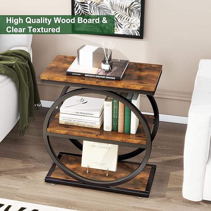 IBUYKE Narrow End Table with 3 Storage Shelves, Industrial Sofa Side Table, Double Round Metal Frames, Slim Nightstand and Bedside Table for Bedroom, Living Room, Rustic Brown UTMJ418H