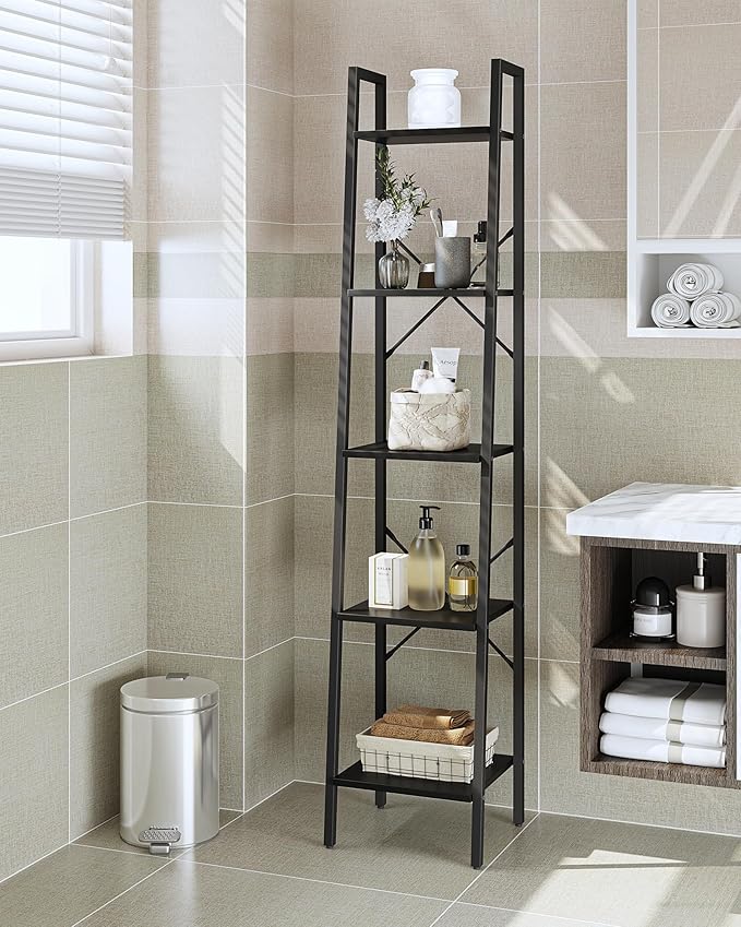 Ladder Shelf, Bookshelf Bookcase, Freestanding Corner Storage Shelve with 2 Hooks for Home Office, Living Room, Kitchen, Bedroom, Industrial, 5-Tier Black BC03204B