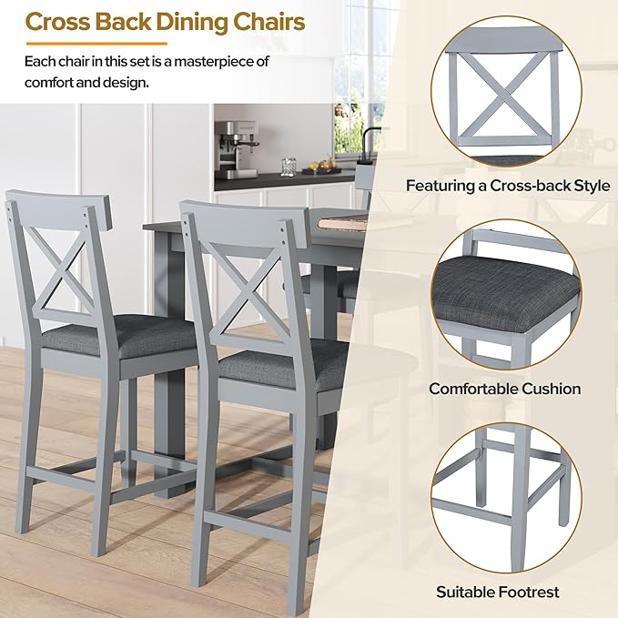 Merax 5 Piece Solid Wood Farmhouse Counter Height Dining Table Set with 3-Tier Storage Shelves,and 4 Upholstered Dining Chairs,Gray