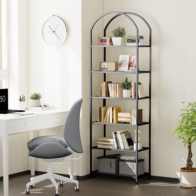 Homhedy Bookshelf Arched Display Racks,Metal Bookcase,Tempered Glass Shelves,Storage Rack Shelf for Home Office,Living Room,Bedroom, Bathroom,Modern Style (Black, 11.8" D x 23.6" W x 73.6" H)