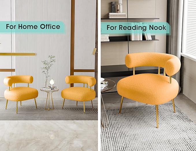 Mid Century Sherpa Boucle Accent Chair, Round Upholstered Barrel Arm Chair for Small Spaces, Fluffy Side Corner Sofa Chair for Living Room, Bedroom, Vanity, Office, Reading Nook(Yellow)
