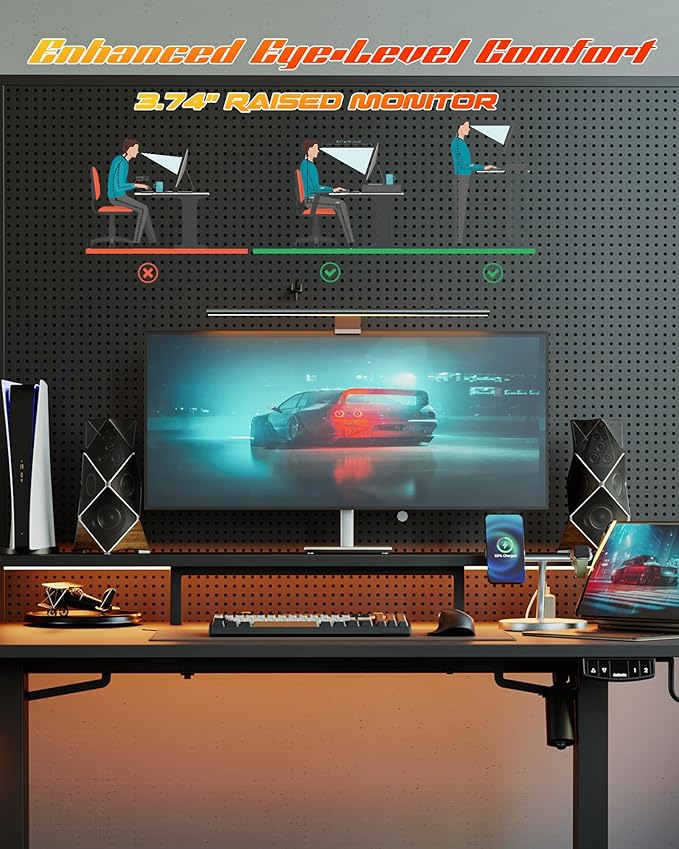 Electric Height Adjustable Standing Desk with Power Outlet and LED Light Strip, Sit to Stand, Ergonomic 48x24 Rising Desk with Memory Presets, Home Office Workstation, Computer Gaming Table, Black