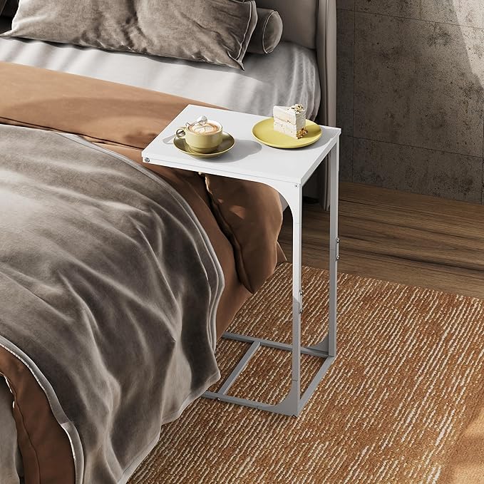 WLIVE C Shaped End Table, Small Couch Side Tables with Metal Frame, Sofa Table TV Tray for Living Room, Bedroom, White