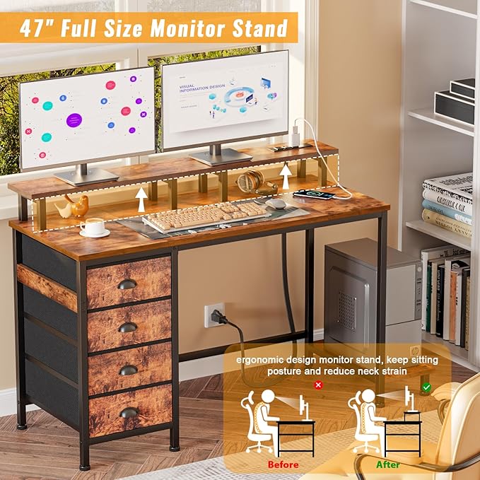 Furologee 47" Computer Desk with 4 Fabric Drawers & Monitor Stand, Gaming Desk with Power Outlets - LED Lights, Home Office Space-Saving Study Table for Bedroom Small Spaces (Rustic Brown)
