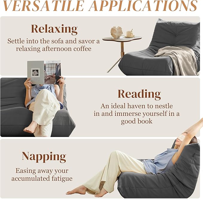 Bean Bag Chair, Fireside Chair Bean Bag Sofa for Adults, Bean Bag Chairs for Teens with High-Resilience Foam, Memory Foam & Non-Slip Base Bean Bag for Living Room, Bedroom, Office (Suede, Dark Gray)
