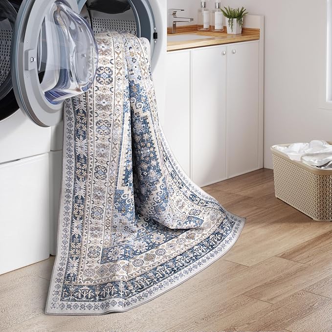 zesthome 4x6 Rug - Stain Resistant Washable Rug, Anti Slip Backing Rugs for Living Room, Foldable Vintage Small Area Rugs (Blue/Beige,4'x6')