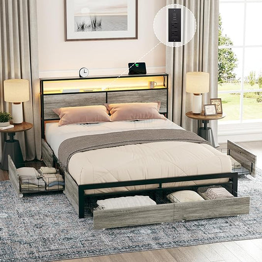 Queen Size Bed Frame with Storage Headboard and 4 Drawers LED Lighting Sturdy Metal Slat Support Non-Slip Noise-Free Platform No Box Spring Needed Greige