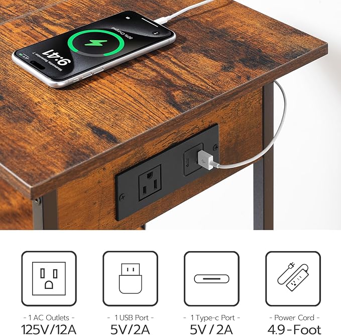 HOOBRO Record Player Stand with Charging Station and LED, Turntable Stand with Storage, 3 Tier End Table Hold Up to 100 Albums, Record Table for Vinyl, Living Room, Rustic Brown and Black BF06UDRS01
