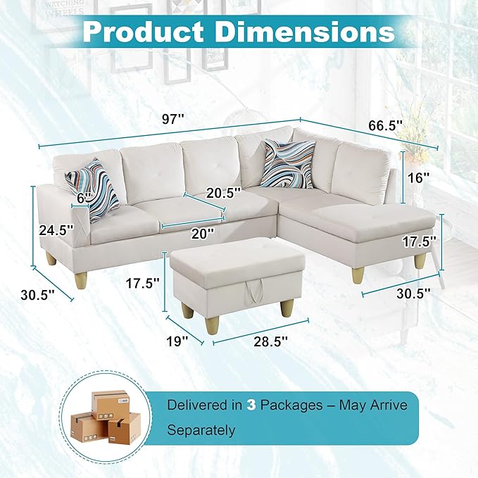 97" Oversized Sectional Couch, L Shaped Couch with Storage Ottoman, Modern Modular Sofa with Deep Seat, Sectional Couches for Living Room and Office, White (Flannel)