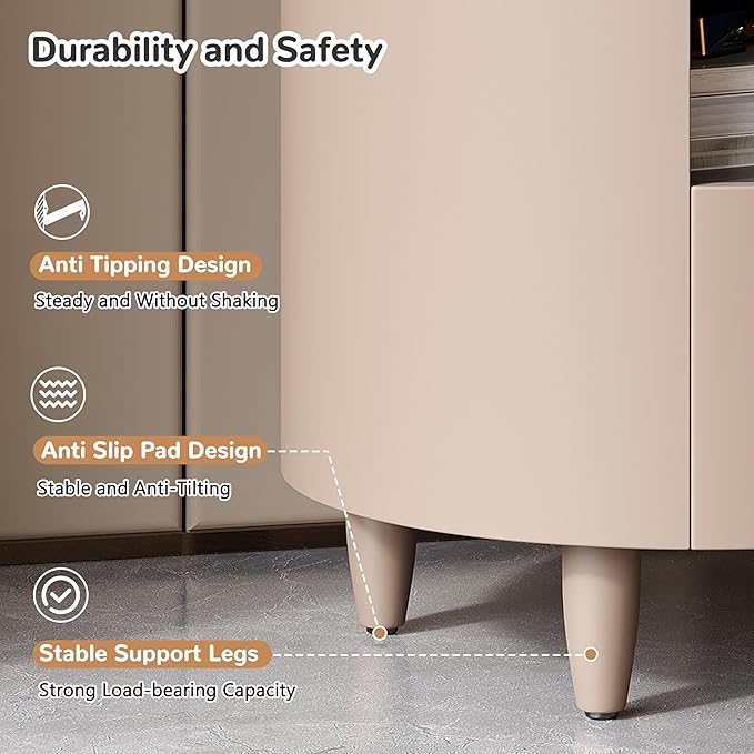 Merax Round Nightstand with Storage Drawer, MDF Contemporary Modern Bedside Table with Open Storage Shelf, Curved Design Sofa End Table for Bedroom & Living Room, Easy Assembly, Khaki