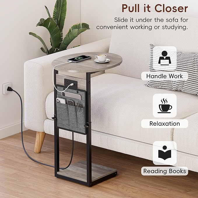 Vagusicc C Shaped End Table with Charging Station, 32" Tall Side Table for Couch and Recliner, Adjustable Height Small Couch Side Table Slide Under Sofa TV Tray Table for Living Room, Bedroom, Greige