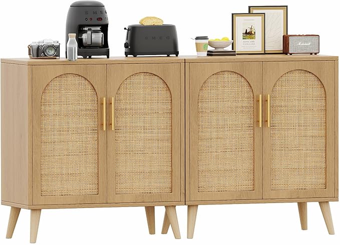 Rovaurx Set of 2 Rattan Storage Cabinet with Doors, Accent Bathroom Floor Cabinet, Modern Sideboard Buffet for Living Room, Entryway, Dining Room and Kitchen, Natural BMGZ108M02