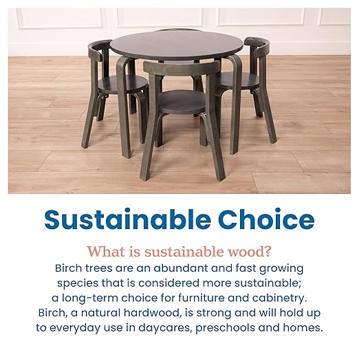 ECR4Kids Bentwood Round Table and Curved Back Chair Set, Kids Furniture, Grey Wash, 5-Piece