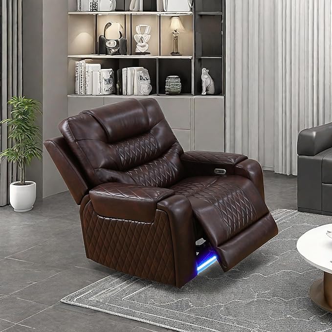 Recliner Chair, Leather Recliner Home Theater Seating, Electric Reclining Chair with USB Ports and Cup Holders, Breathing Chair with Hidden Arm Storage, Dark Brown