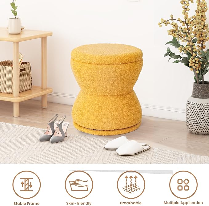 Ottoman with Storage, 360° Swivel Boucle Ottoman Vanity Stool, Upholstered Footstool with Storage Removable Lid, Modern Round Boucle Footrest Coffee Table for Living Room, Dorm, Makeup Room, Yellow