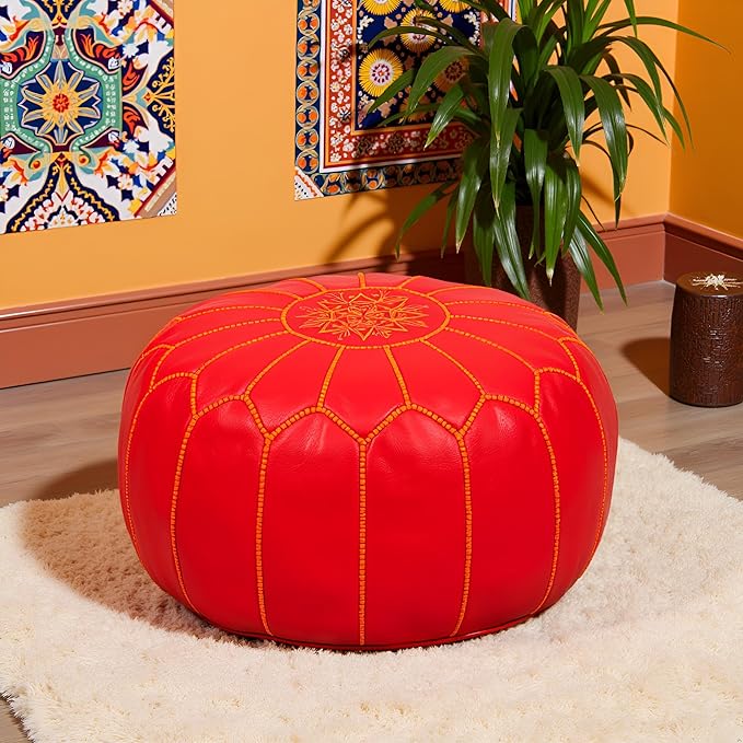 Stuffed Round Design Moroccan Leather Pouf Ottoman, Handmade, Pre-Filled, 100% Genuine Leather, 13” Height x 20” Diameter, Footstool & Living Room Décor (Orange)