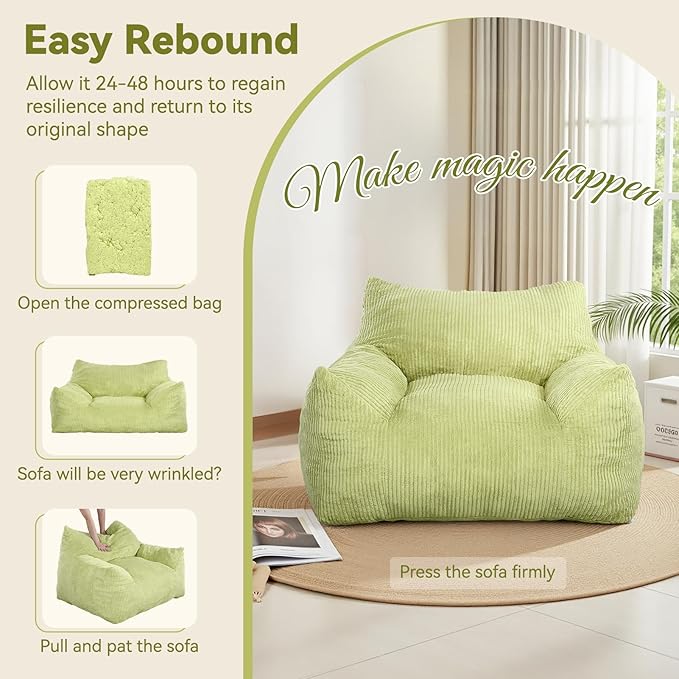 INMOZATA Bean Bag Chair for Adults, 3FT Beanbag Chair with Ottoman Pre-Filled Fluffy Lazy Chair Corded Fabric Accent Chair for Bedroom Living Room Dorm (Green)