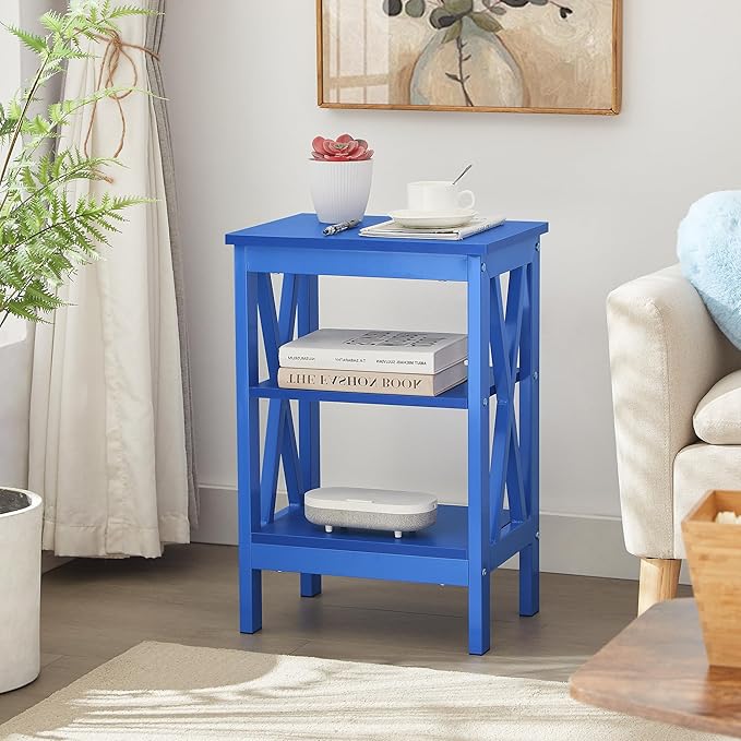 VECELO End Table, Bedside Table, 24" Tall Living Room End Tables, X-Design Reinforced Nightstands, Side Table with 3-Tier Storage Shelves for Small Spaces, Office, Bathroom, Bedroom, Dark Blue