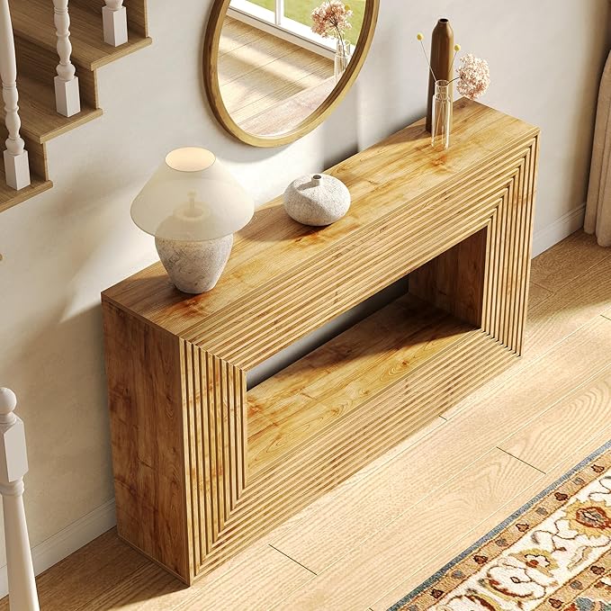LITTLE TREE 59-Inch Console Table with Storage, 2-Tier Farmhouse Fluted Sofa Table Behind Couch, Large Narrow Entryway Furniture for Living Room, Foyer (Light Walnut)