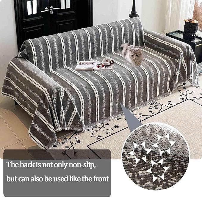 Couch Cover for Dogs Washable Sofa Cover, Sectional Couch Covers, Sofa Covers for 2 Cushion Couch, Non Slip Stripe Sofa Slipcovers Furniture Protector, Couch Protector from Cat Claws, Grey,75''x102''