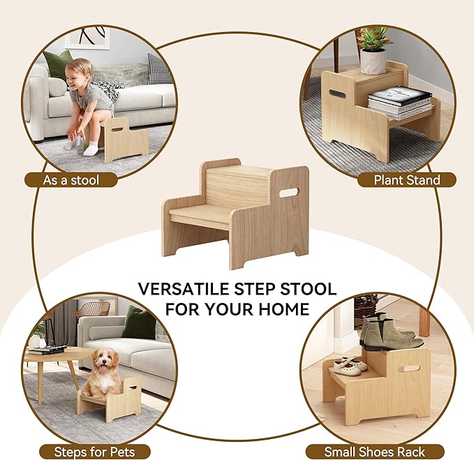 Wood Step Stools for Kids, Child Two Step Stool of DIY Shape, Toddler Step Stools Potty Training Stool, Easy to Move Safety for Kitchen, Bathroom, Bedroom, Toilet