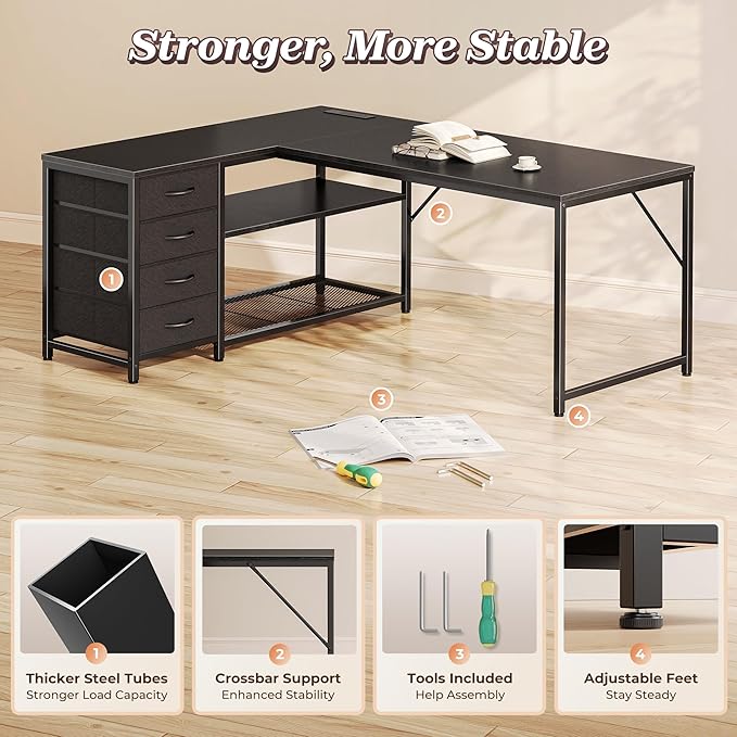 PRAISUN 53" L Shaped Desk with Power Outlets and USB-C Port, Reversible Computer Corner Office Desk with 4 Fabric Drawers and 2 Height-Adjustable Shelves, Large for Gaming Writing Work Study, Black