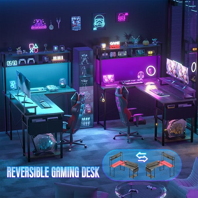 Small L Shaped Gaming Desk with Power Outlets, 48" Reversible L Shaped LED Computer Desk with Monitor Stand & Storage Shelf, Corner Gamer Desk Home Office Desk with Storage Bag, Black Oak