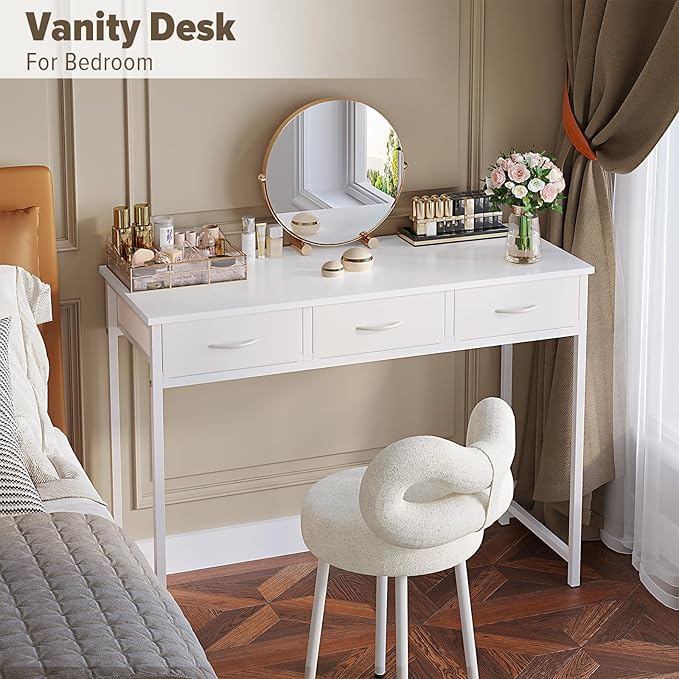 WOHOMO Small Computer Desk with Drawers, 39.3 Inch Vanity Desk with Storage, Home Office Computer Desk for Small Spaces, Modern Work Writing Study Table, White