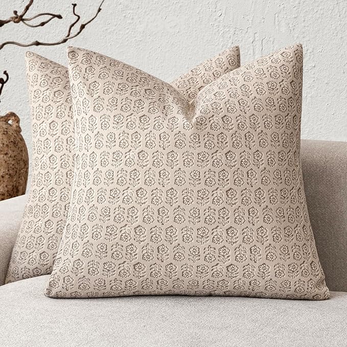 Foindtower Set of 2 Decorative Neutral Floral Print Throw Pillow Covers Vintage Accent Farmhouse Cushion Covers Boho Home Decor for Sofa Couch Chair Bedroom Living Room Outdoor,24×24 Inch,Ivory Beige
