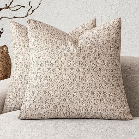 Foindtower Set of 2 Decorative Neutral Floral Print Throw Pillow Covers Vintage Accent Farmhouse Cushion Covers Boho Home Decor for Sofa Couch Chair Bedroom Living Room Outdoor,24×24 Inch,Ivory Beige