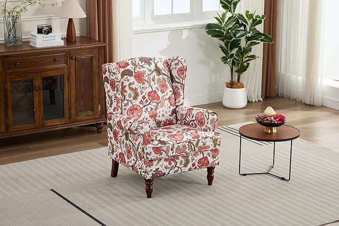 Ball & Cast Modern Accent Chair,Comfy Upholstered Armchair with Retro Wood Legs,Floral Design Single Sofa Chair,Living Room Furniture for Apartment,Bedroom,Office,Linen Fabric,Floral Red