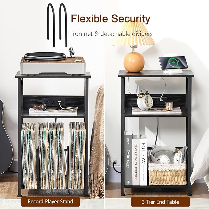 AMHANCIBLE Record Player Stand with Charging Station, Turntable Stand with Storage Cabinet, 3 Tier End Table Hold Up to 100 Albums, Record Stand for Vinyl, Living Room, Black, HETCD01BK-1