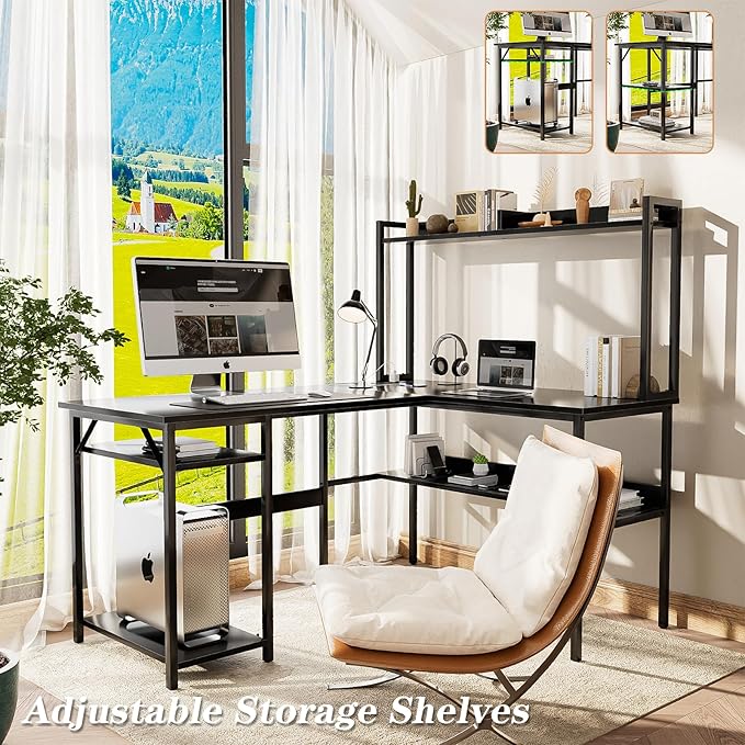 L Shaped Computer Desk with Hutch and Storage Shelves, Gaming Desk with LED Lights, Reversible L-Shaped Desk with Power Outlets, Home Office Desk, Corner Desk, Black
